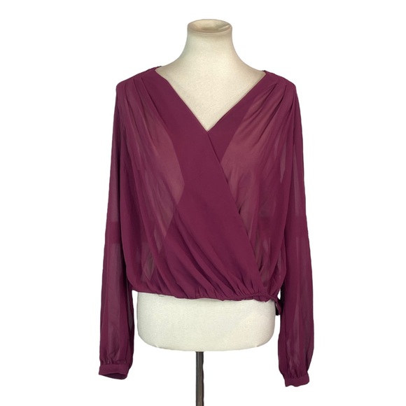 Woman’s Double Zero maroon/burgundy long sleeve semi sheer wrap blouse size M - Picture 1 of 3